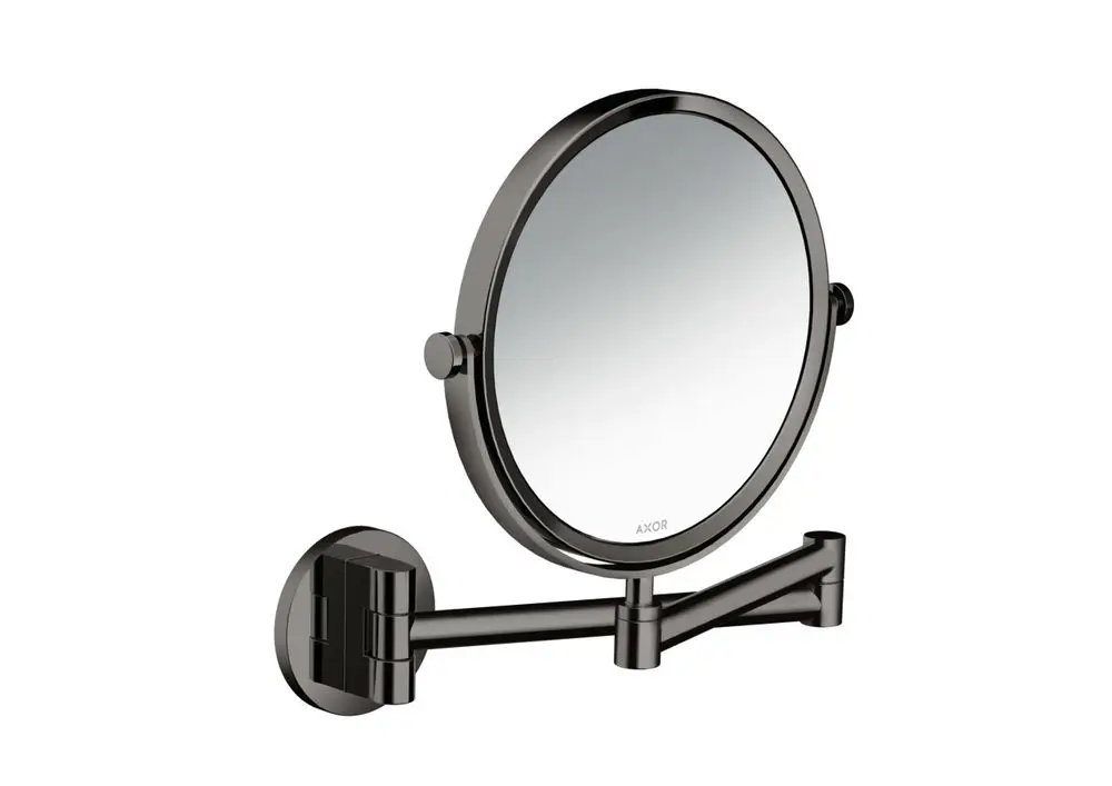 Rundwandspiegel mit verstellbarem Arm in poliertem Schwarzchrom, montiert an einer Wand. Produkt von AXOR.